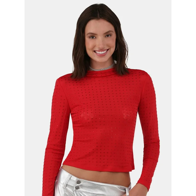 No Boundaries Rhinestone Studded Mesh Top with Long-Sleeves, Women's and Women’s Plus | Walmart (US)
