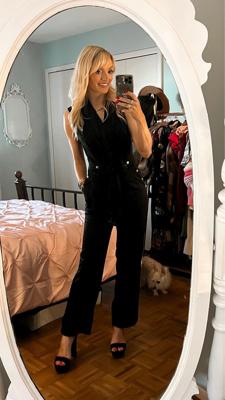 This sleeveless black jumpsuit is just the cutest for work during late summer and early fall! It is super tailored with the cutest button detail. It has lapels and a blazer like feel. I am 5’5” and in my usual small! Other colors are available! - business casual - work outfit - wear to work - office style - workwear - professional - teacher outfit - teacher style 

#LTKBacktoSchool #LTKworkwear #LTKunder50