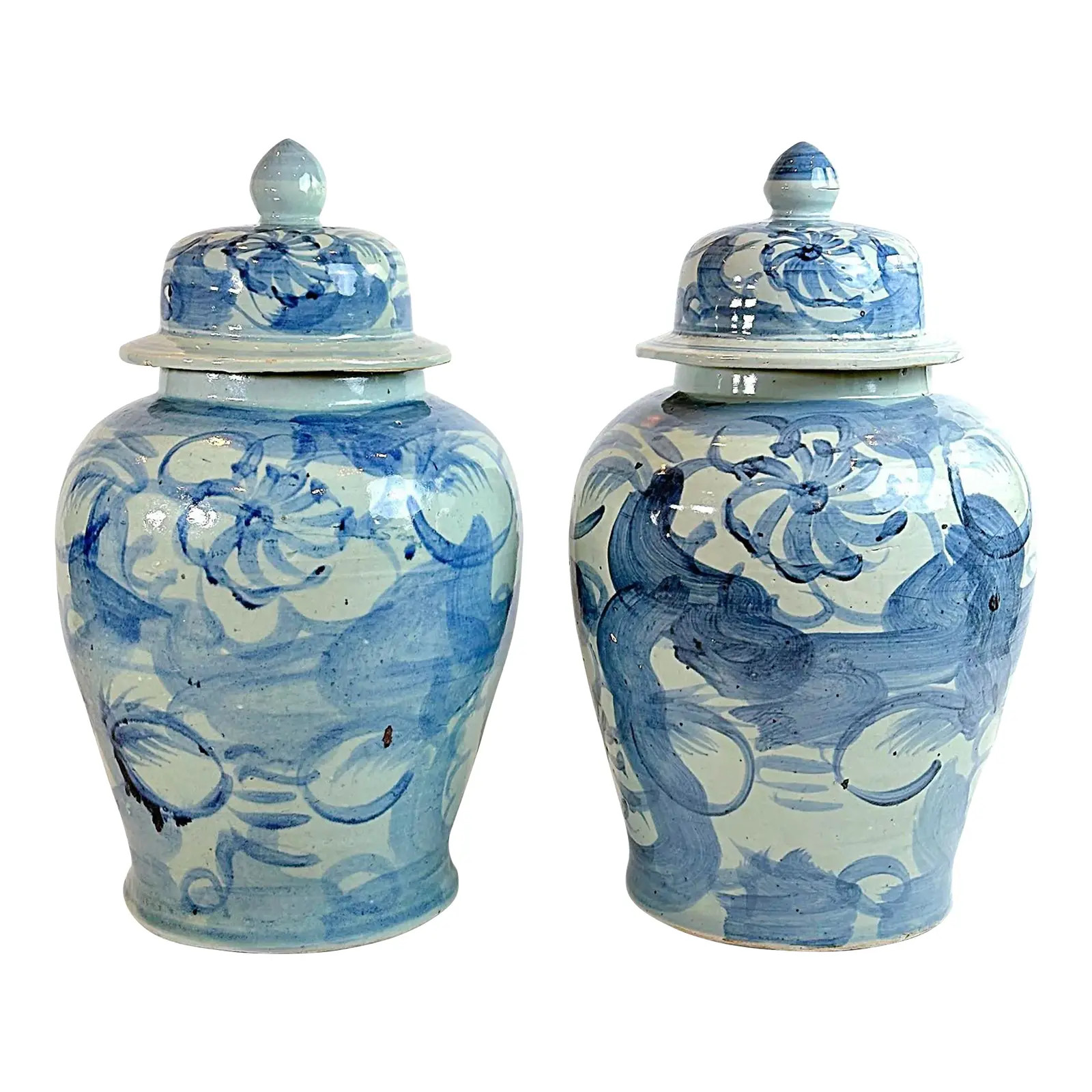 Large Chinoiserie Blue and Bone White Abstract Temple Jars - a Pair | Chairish