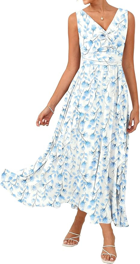 GRACE KARIN Women's Summer Sleeveless Floral Maxi Dress V Neck Formal Wedding Guest Dress A Line ... | Amazon (US)