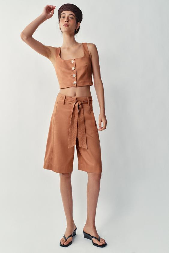 Zara - Gold Button Cropped Vest - Russet - L - Woman | Zara US