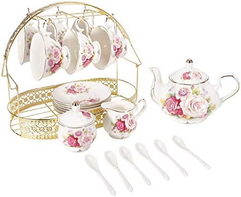 ufengke 15 Piece European Ceramic Tea Sets,Bone China Coffee Set with Metal Holder,Colorful Rose Pai | Amazon (US)