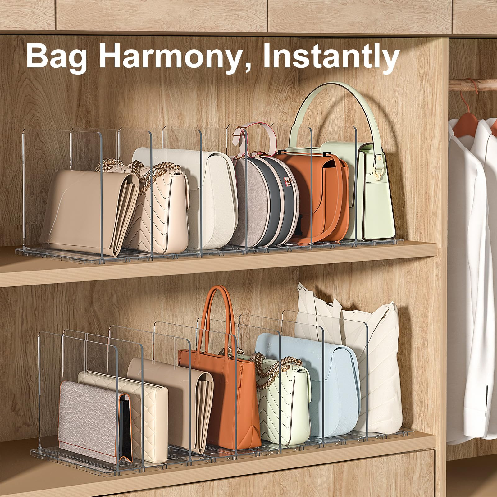 Bag & Purse Organizer for Closet: Adjustable Clear Handbag Storage Shelf - Plastic Clutch Divider... | Amazon (US)