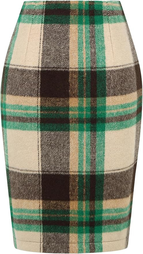 IDEALSANXUN Plaid Skirts for Women Fall Winter Knee Length Pencil Wool Skirt with Slit | Amazon (US)