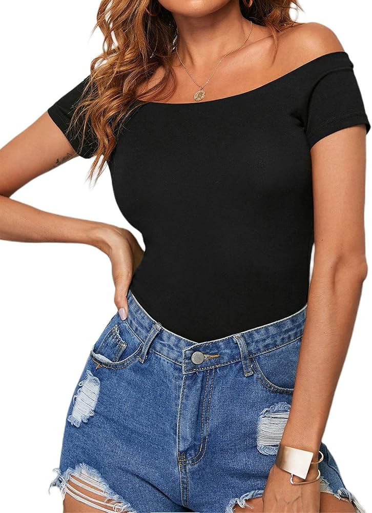 LilyCoco Women Short Sleeve Off The Shoulder Tops Sexy Fitted Shirt Solid Tees | Amazon (US)