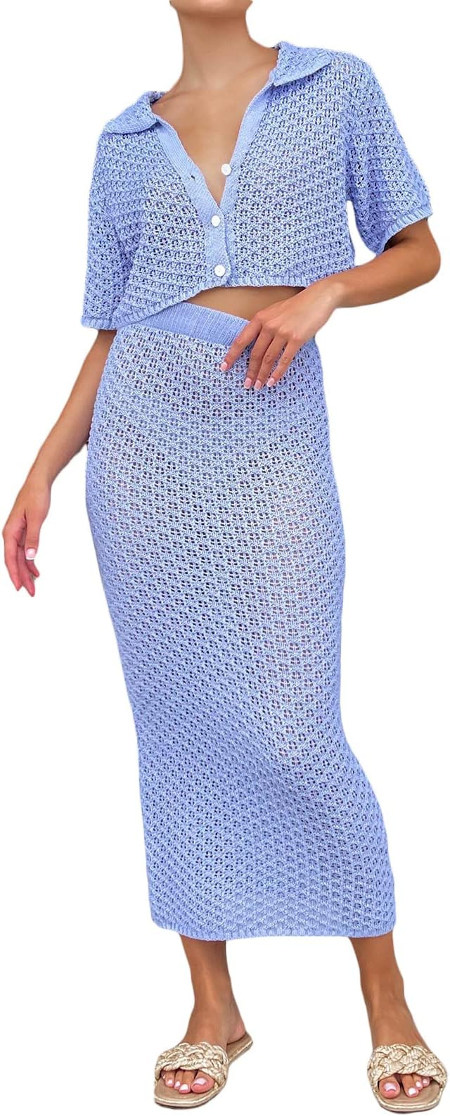 WOBONIU Women Crochet Knit 2Pcs Outfits Set Short Sleeve Cardigan Button Crop Tops High Waist Bod... | Amazon (US)