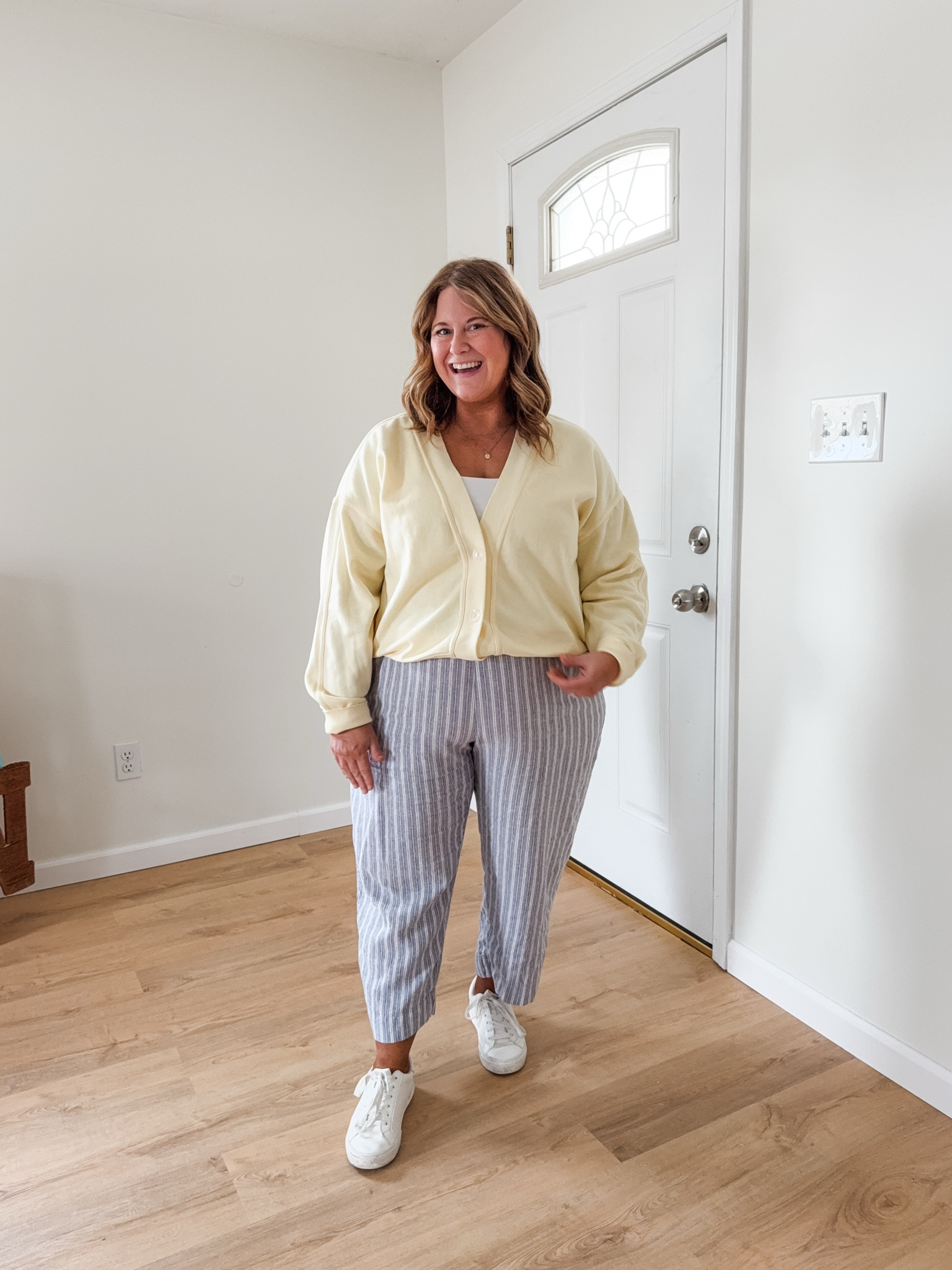 Wearing an XL (regular length) in my linen pants. My cardigan sweatshirt is also an XL.  Cardigan is also part of a matching set so I linked those bottoms too  

#LTKmomlife #LTKWorkwear #LTKMidsize