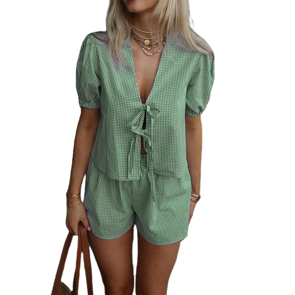 Yuemengxuan Women Y2k Two Piece Plaid Lounge Sets Puff Sleeve Tie front Blouse Top High Waist Sho... | Amazon (US)