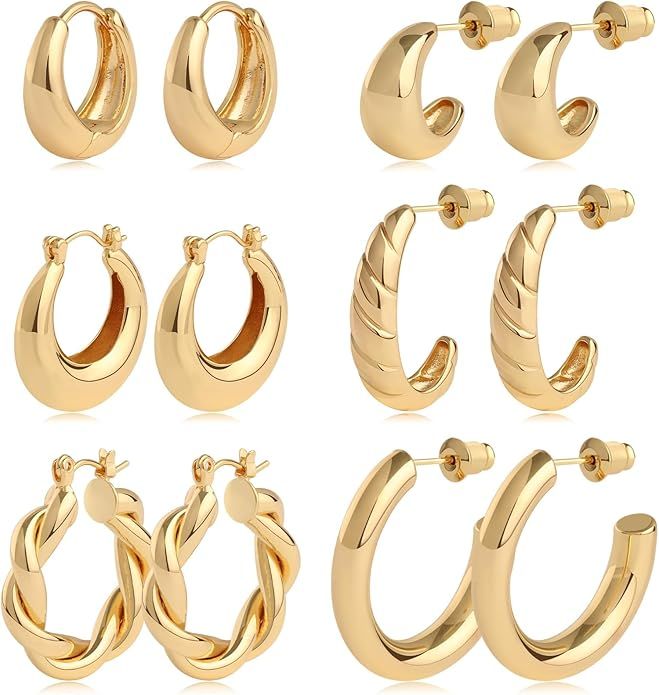 Gold Hoop Earrings Set 14k Real Gold Plated Huggie Earrings Hypoallergenic Chunky Twisted Thick J... | Amazon (US)