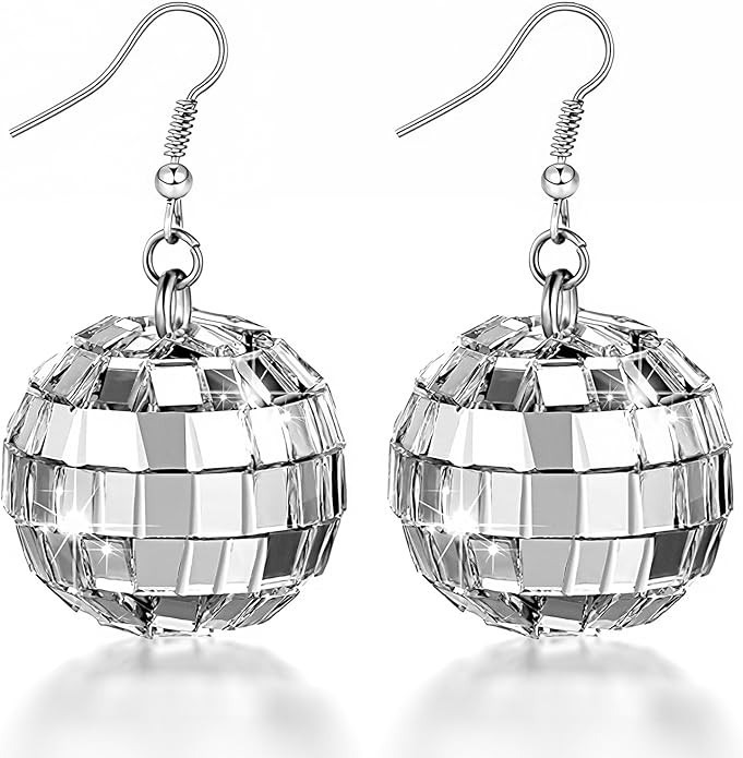 Disco Ball Earrings for Women - Sparkle Silver Mirrorball Acrylic Dangle Earrings, Perfect with 7... | Amazon (US)