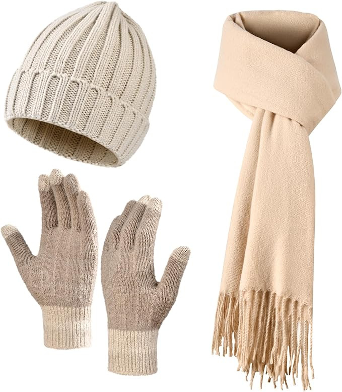 Women Winter Hat Beanie+Long Scarf+Touch Screen Gloves Set, Warm Clothes Set with Knit Fleece Lin... | Amazon (US)
