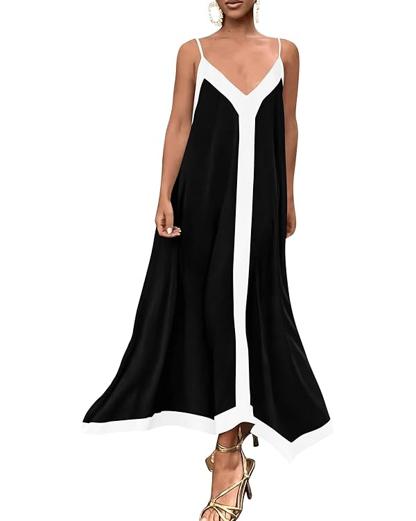PRETTYGARDEN Women's Flowy Maxi Dress 2025 Summer Sleeveless V Neck Spaghetti Strap Elegant Weddi... | Amazon (US)