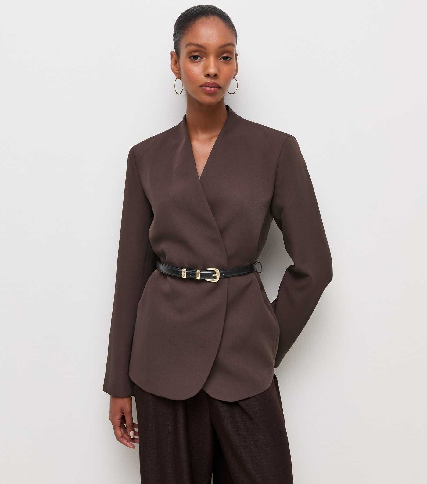 Dark Burgundy Collarless Belted Blazer | New Look | New Look (UK)