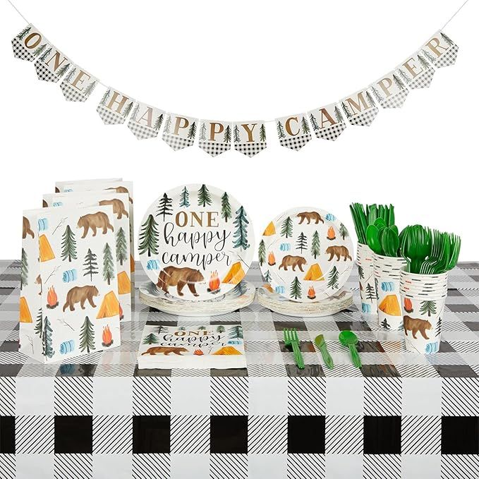 Camping 1st Birthday Party Dinnerware, One Happy Camper Decorations (Serves 24) | Amazon (US)