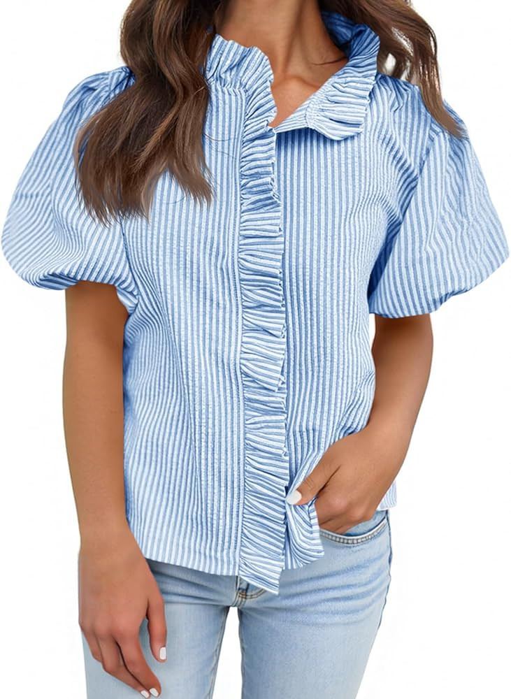 Tankaneo Womens Short Puff Sleeve Button Down Shirts Summer Ruffle Striped Work Tops Stand Collar... | Amazon (US)