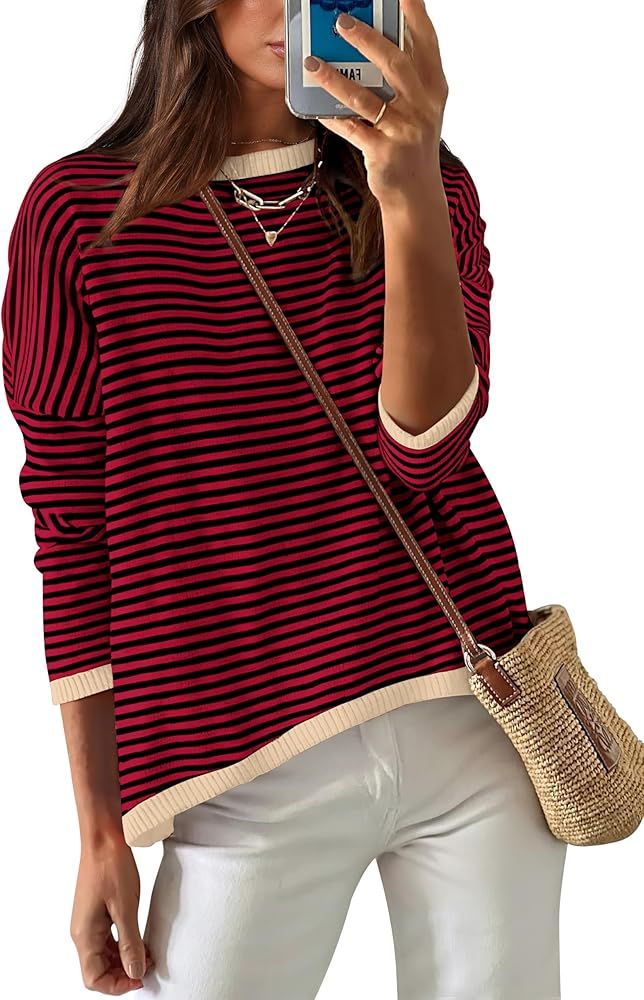 WIHOLL Womens Sweaters Dressy Casual Long Sleeve Tops Round Neck Striped Fashion | Amazon (US)