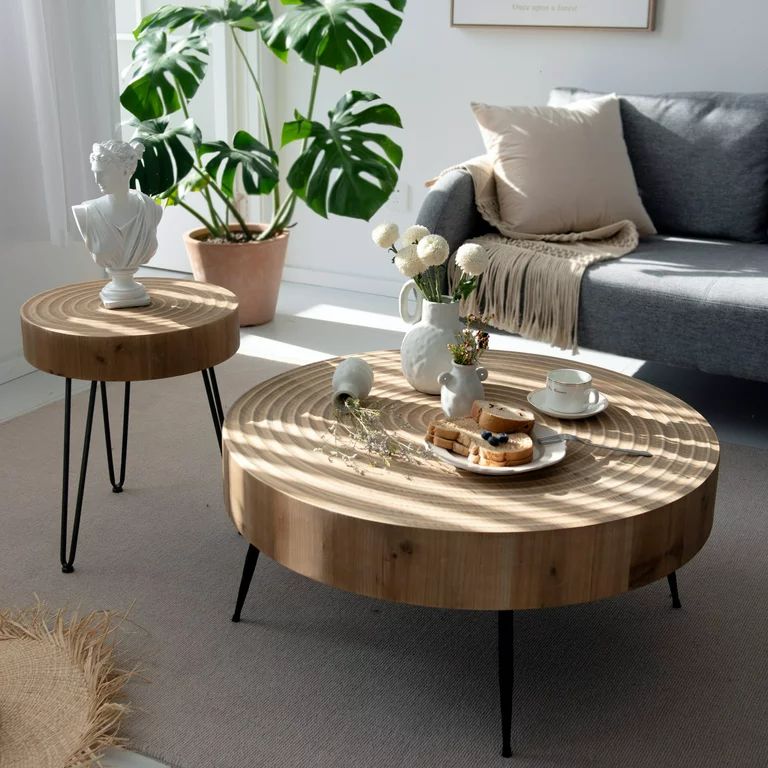 COZAYH 2-Piece Modern Farmhouse Living Room Coffee Table Set, Round Natural Finish with Handcraft... | Walmart (US)