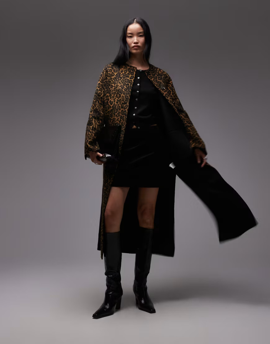 ARKET double wool collarless maxi coat in leopard print-Multi | ASOS (Global)