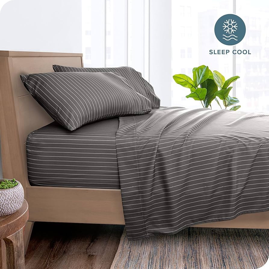 Bare Home Queen Sheet Set - Luxury 1800 Ultra-Soft Microfiber Queen Bed Sheets - Double Brushed - Deep Pockets - Easy Fit - 4 Piece Set - Bed Sheets (Queen, Pinstripe - Grey/White) | Amazon (US)