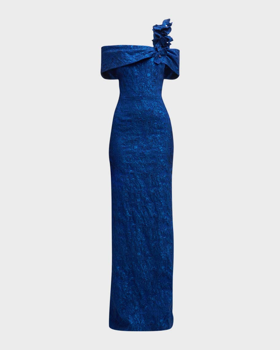 Rickie Freeman for Teri Jon One-Shoulder Jacquard Column Gown | Neiman Marcus