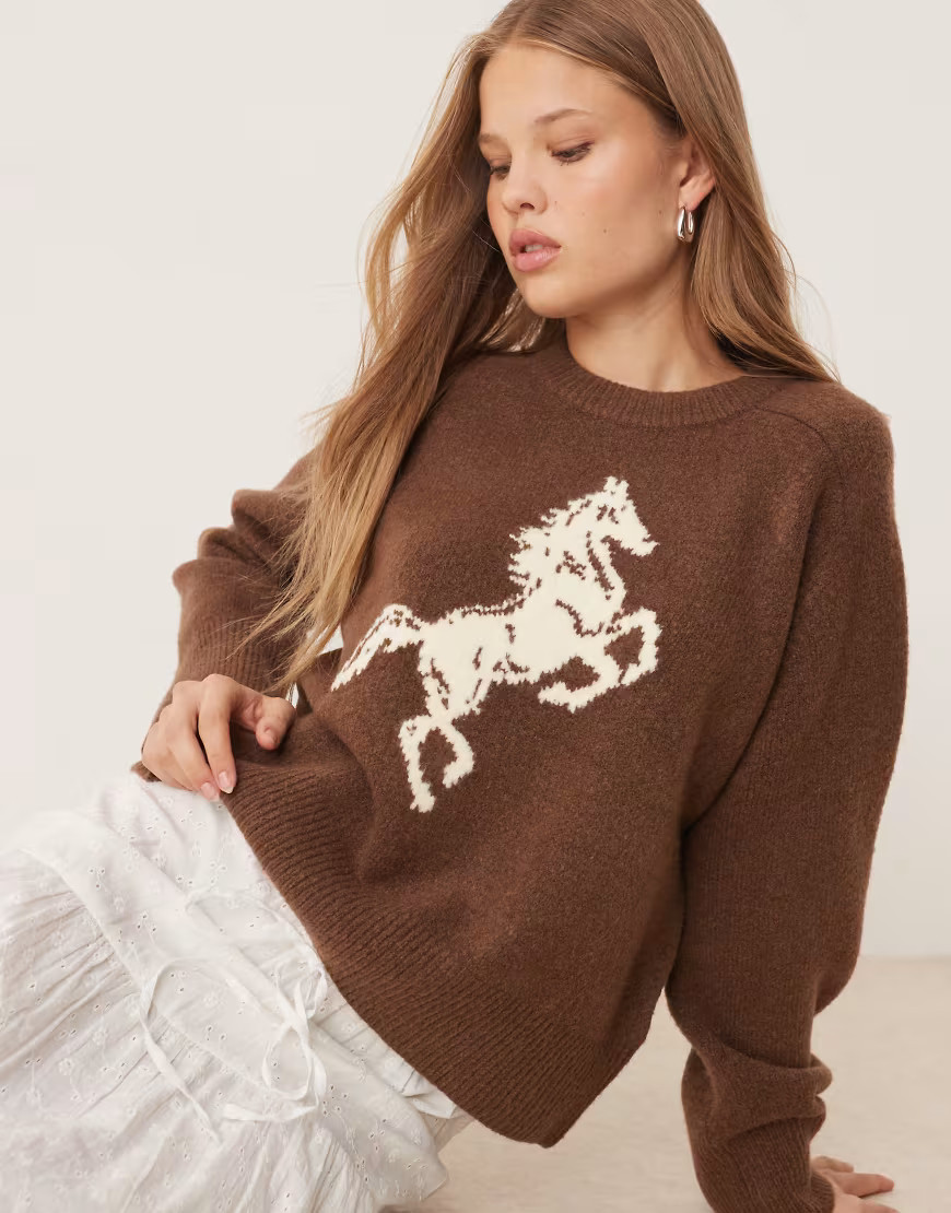 Abercrombie & Fitch crew neck preppy horse graphic jumper in brown | ASOS (Global)