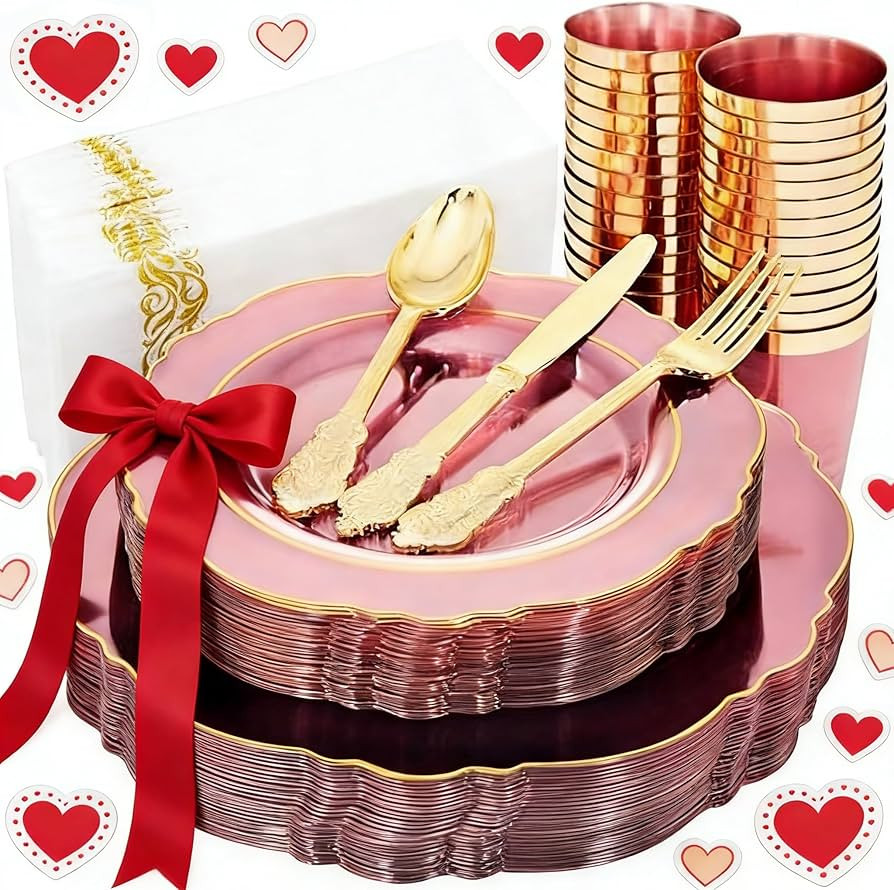 KIRE 210Pcs Clear Pink Plastic Plates with Gold Rim - Disposable Pink Plates&Silverware&Pink Cups... | Amazon (US)