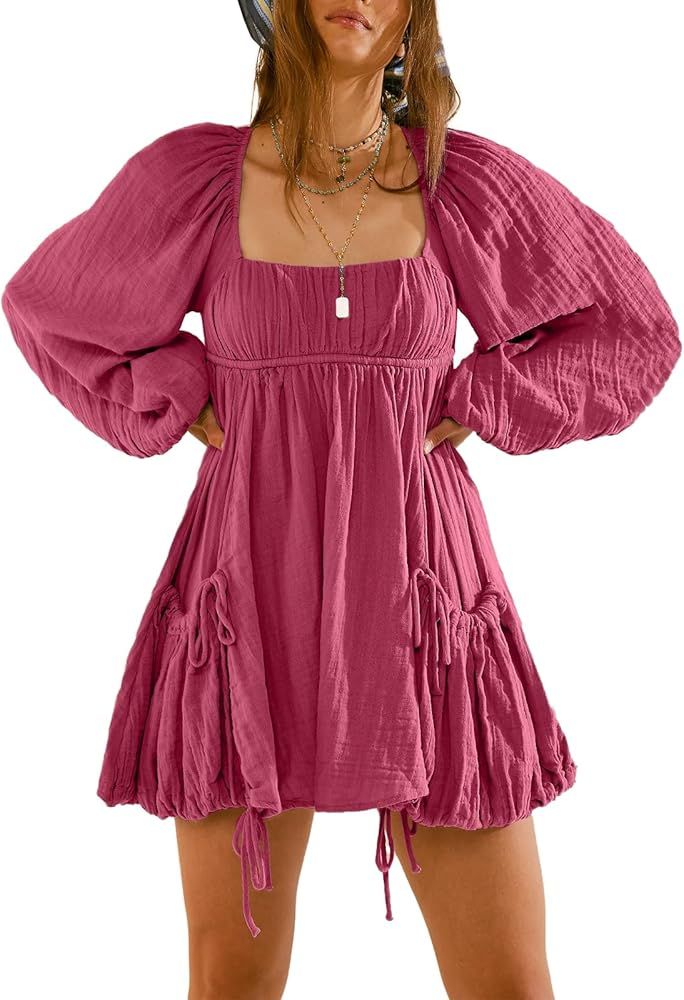 Amazon.com: Shiyifa Women's Summer Mini Dress Casual Square Neck Long Sleeves Loose Sundress with... | Amazon (US)