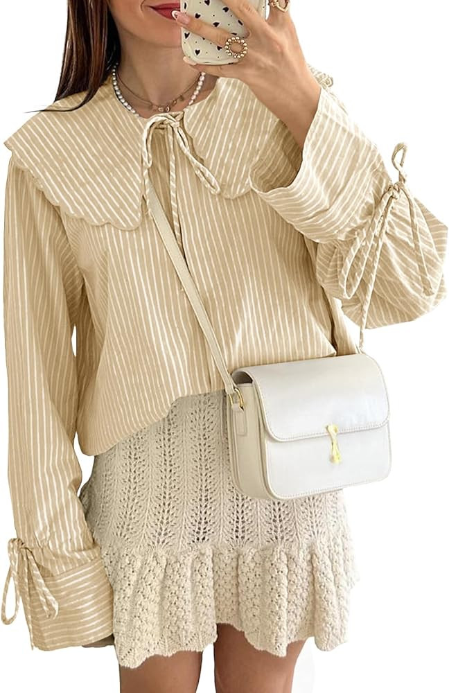 Tankaneo Womens Striped Button Down Shirts Long Sleeve Peter Pan Collar Tie Front Tops Cute Blous... | Amazon (US)