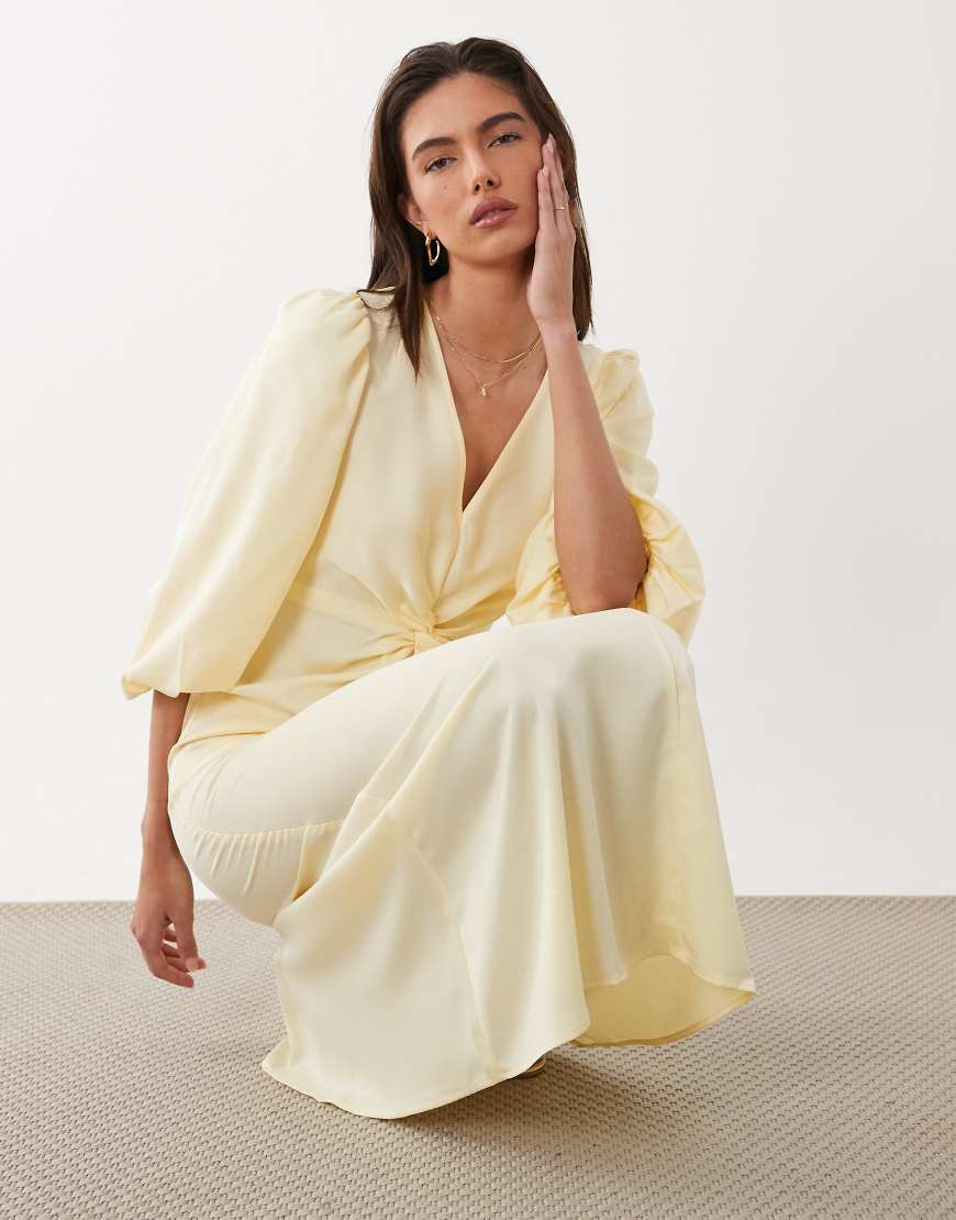 YAS knot front volume sleeve satin midi dress in soft yellow | ASOS (Global)