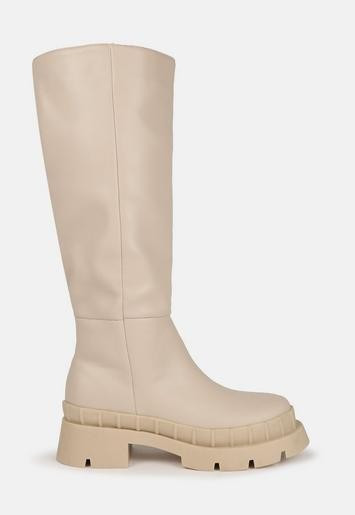 Missguided - Cream Faux Leather Tubular Knee High Boots | Missguided (US & CA)