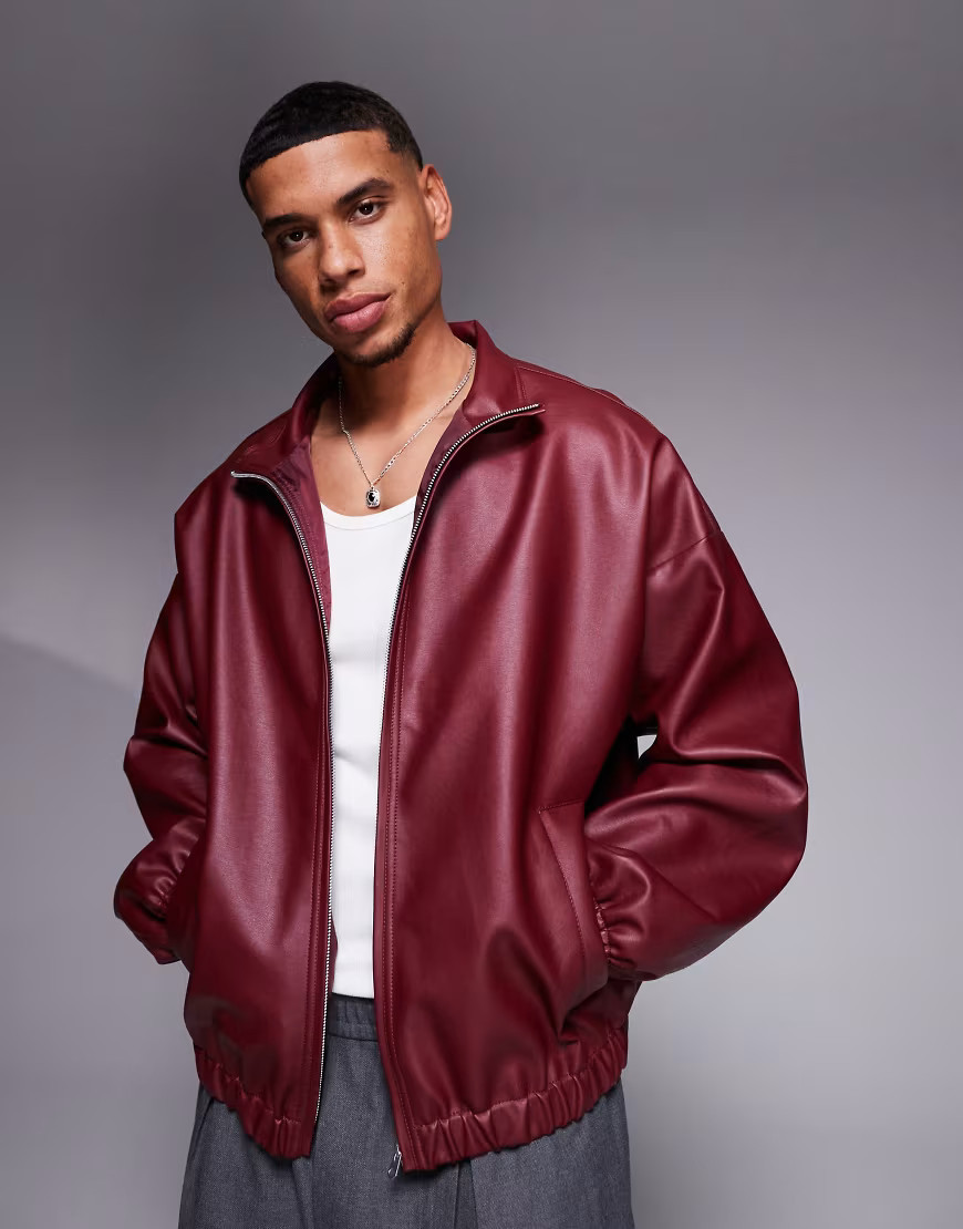 ASOS DESIGN faux leather track jacket in burgundy-Red | ASOS (Global)