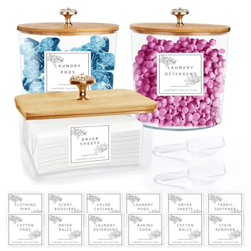 ASMALAM 3 Pack Laundry Room Organization Storage Containers Acrylic Jars and Dryer Sheet Holder with Lids and Labels for Laundry Detergent Laundry Pods Containers Dry Sheet Organizing | Amazon (US)