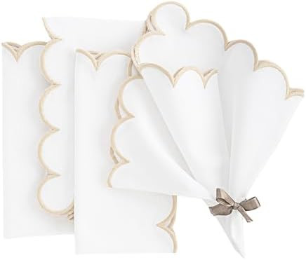 Beige and White Cloth Napkins, White Napkins, 100% Cotton Scalloped Embroidery Dinner Napkin Set ... | Amazon (US)