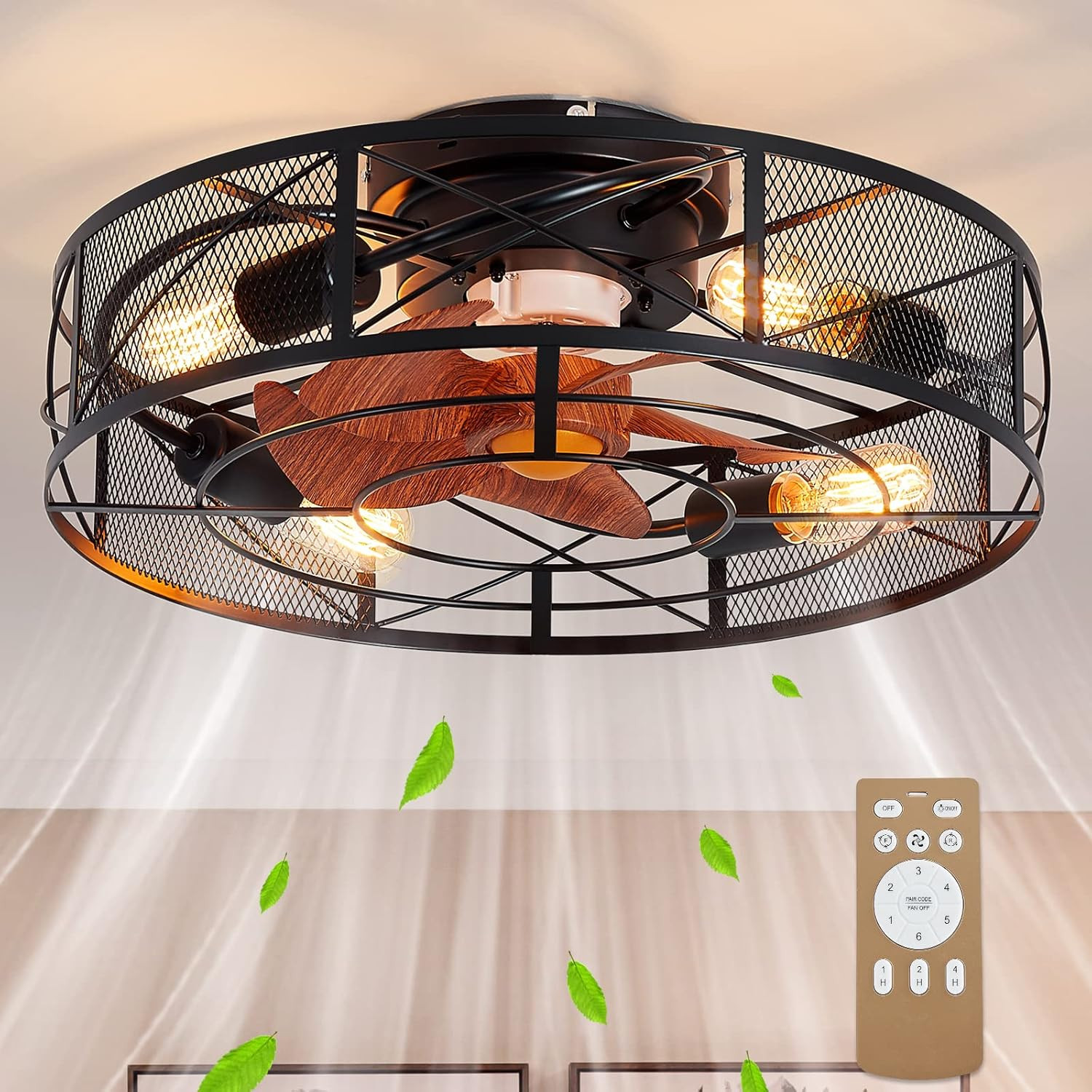 XPEHK 19'' Caged Ceiling Fan with Light,4-Light Low Profile Flush Mount Ceiling Fan,6 Speeds Adju... | Amazon (US)