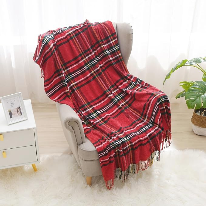 Saukiee Christmas Blanket Plaid Throw Blanket for Couch with Tassels Tartan Chenille Throw Fringe... | Amazon (US)