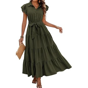 dowerme Women's Summer Casual Dresses 2026 Cap Ruffle Sleeve V Neck Button Belted Tiered Boho Max... | Amazon (US)