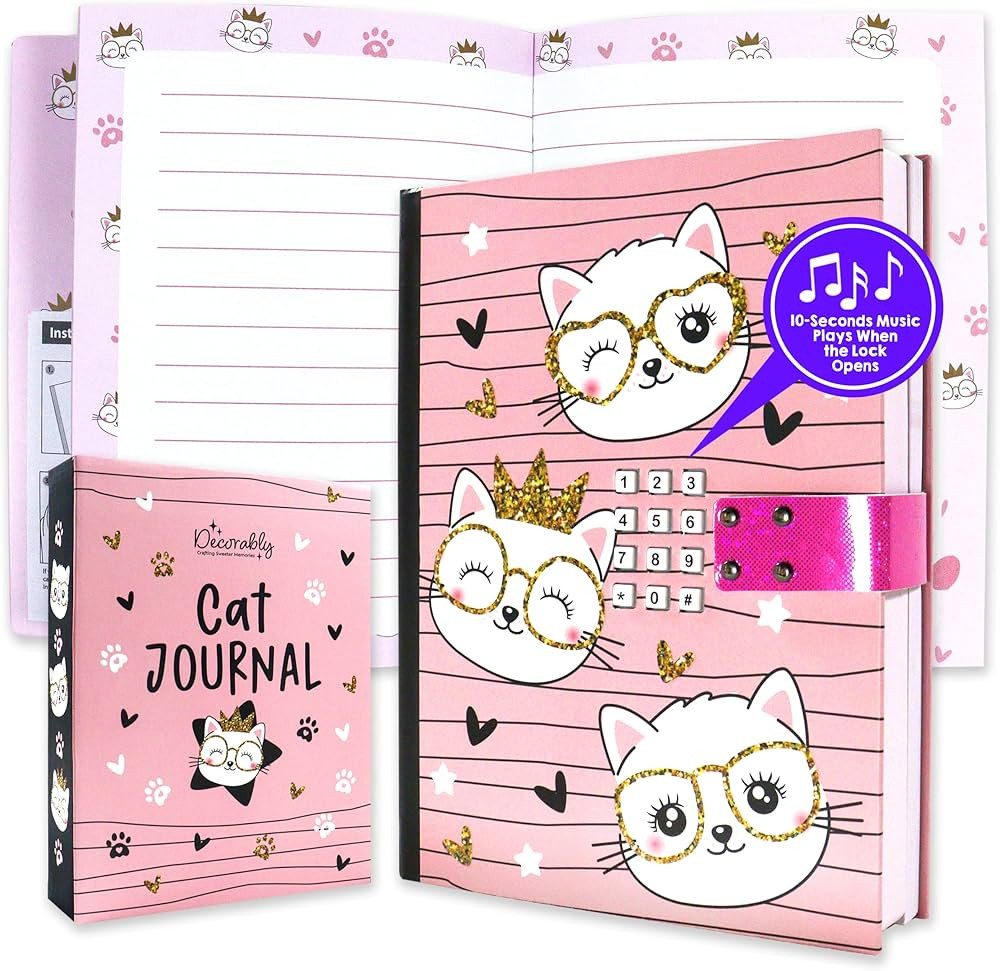 Decorably Journal for Kids - Glittery A5 Cat Diary with Lock Code and Music, Girls Diary with Loc... | Amazon (US)