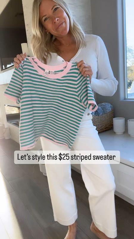 Love this $25 striped sweater with wide leg, white pants, beige pointed toed shoes and a denim jacket. Size small sweater and pants and extra small jacket. Shoes run true to size. Use code JENNYXSPANX for 10% off the pants.


#LTKstyletip #LTKover40 #LTKSeasonal