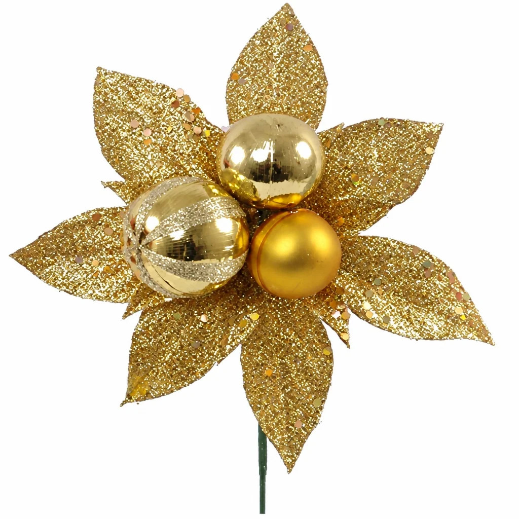 Gold Poinsettia Pick 7" \u2013 Glittering Gold Flower with 3 Ornament Balls, Perfect for Holiday ... | Wayfair North America