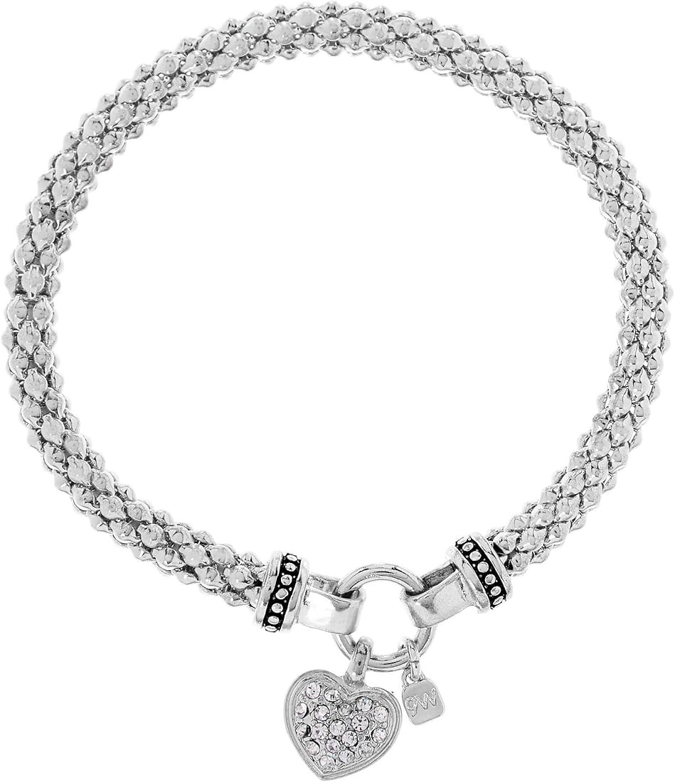 NINE WEST Women's Silvertone Crystal Pave Heart Stretch Bracelet | Amazon (US)