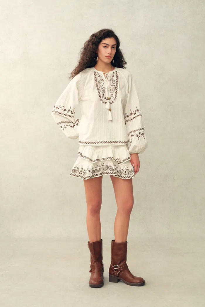 Brioche Beaded Tassel Tie Embroidery Blouse and Skirt Set in Crinkled Cotton | Fabrique