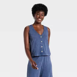 Women's Button-Front Jersey Tank Top - Universal Thread\u2122 Navy Blue M | Target