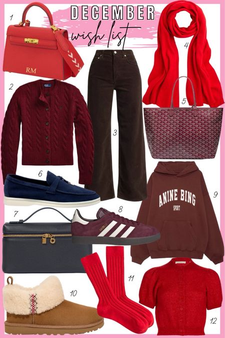 December wish list - anine bing hoodie in cherry red, Ralph Lauren cable knit cardigan in burgundy red, red cashmere scarf, red burgundy goyard tote, lily and bean red bag, red socks, burgundy adidas, Ugg boots, chocolate brown corduroy pants

#LTKSeasonal #LTKGiftGuide #LTKHoliday
