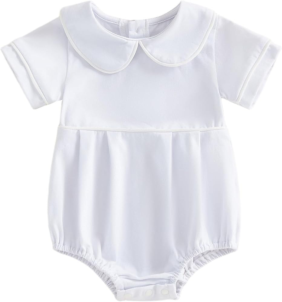 Newborn Baby Boy Girl Clothes Short Sleeve Solid Bubble Romper Doll Collar Bodysuit Shirt Summer ... | Amazon (US)
