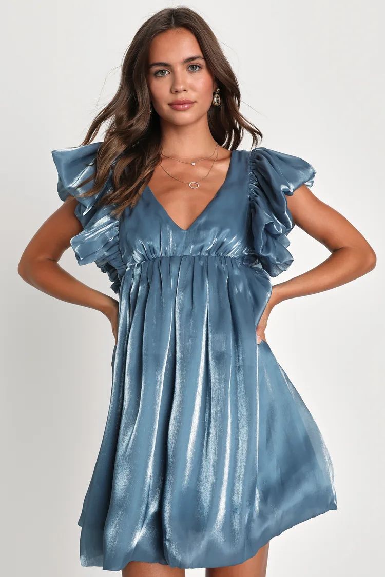 Sensational Shimmer Shiny Slate Blue Ruffled Babydoll Dress | Lulus (US)
