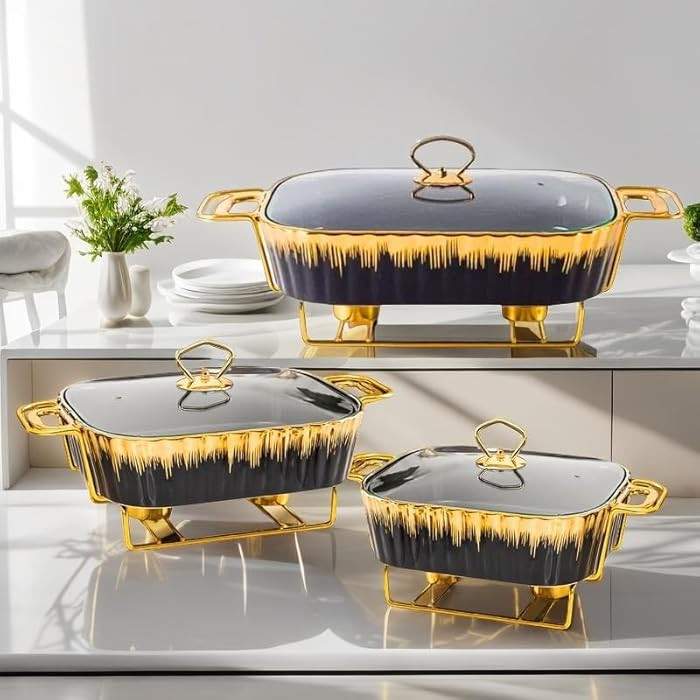 Black Ceramic Chafing Dishes for buffetwith Gold Stainless Steel Base - [Large/Medium/Small] 2.5L... | Amazon (US)