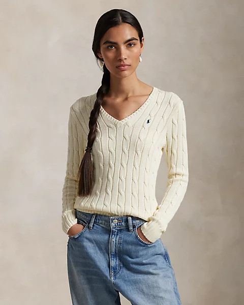 Cable-Knit Cotton V-Neck Jumper | Ralph Lauren (UK)