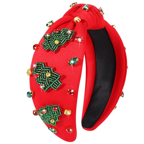 Christmas Headband for Women Holiday Christmas Accessories Beaded Xmas Bow Tree Snowflake HOHOHO Knotted Headbands Red Green Crystal Pearl Top Knot Headband Festive Holiday Gifts (Xmas Tree 1) | Amazon (US)