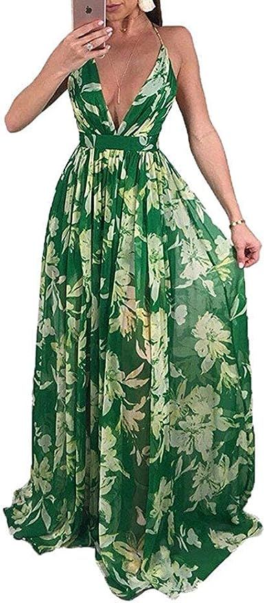 Remelon Womens Sexy Spaghetti Strap Deep V Neck Floral Boho Criss Cross Backless Chiffon Beach Pa... | Amazon (US)