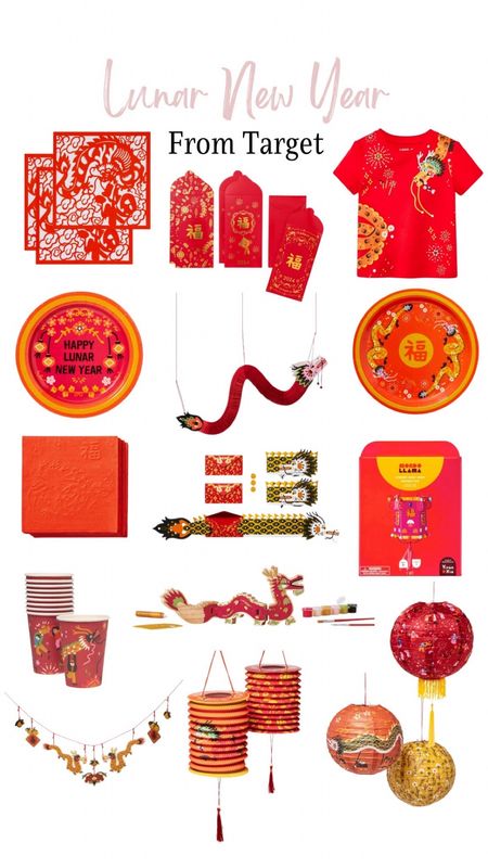 Lunar New Year from Target! 
Year of the dragon shirt, hanging lanterns, celebration paper cups, dragon lunch napkins, dinner plate, dragons garlands, envelopes, Lunar new year decorations! 

#LTKhome #LTKSeasonal